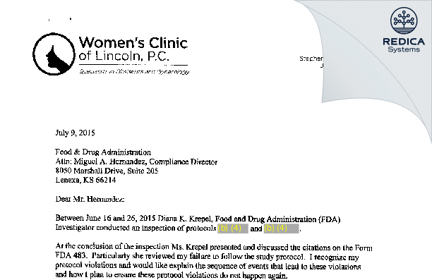 FDA 483 Response - James Joseph Maly [Lincoln / United States of America] - Download PDF - Redica Systems
