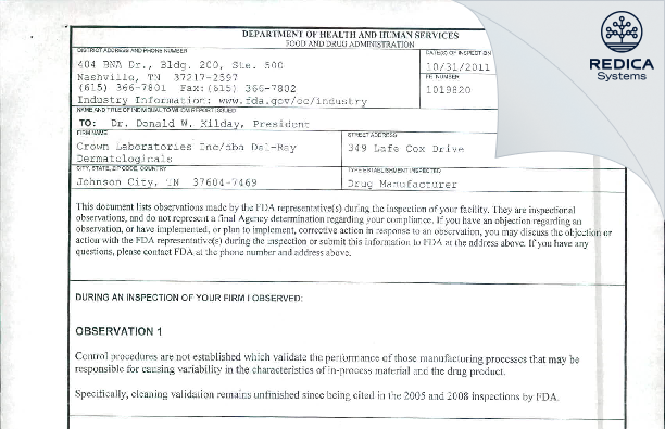 FDA 483 - Crown Laboratories [Johnson City / United States of America] - Download PDF - Redica Systems