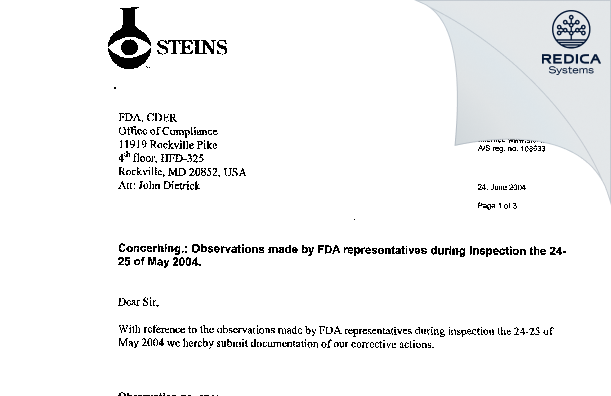 FDA 483 Response - Steins Laboratorium A/S [Holstebro / Denmark] - Download PDF - Redica Systems