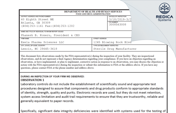 FDA 483 - Exela Pharma Sciences, LLC. [Carolina / United States of America] - Download PDF - Redica Systems