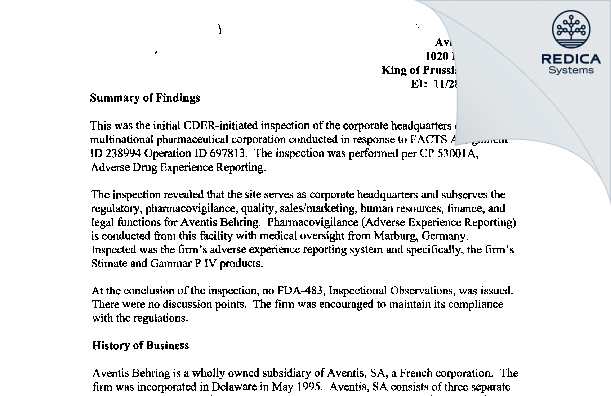 EIR - CSL Behring LLC [King Of Prussia / United States of America] - Download PDF - Redica Systems