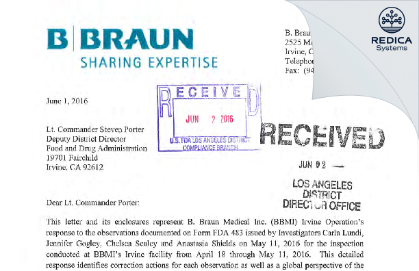 FDA 483 Response - B. Braun Medical Inc. [Irvine / United States of America] - Download PDF - Redica Systems
