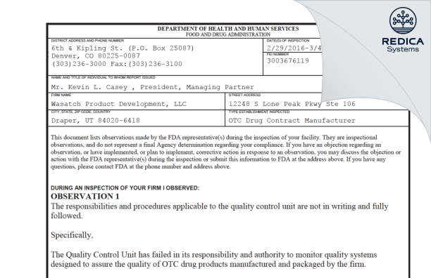FDA 483 - Wasatch Product Development, LLC. [Draper / United States of America] - Download PDF - Redica Systems