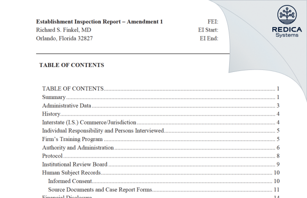 EIR - Richard Finkel, M.D. [Orlando / United States of America] - Download PDF - Redica Systems