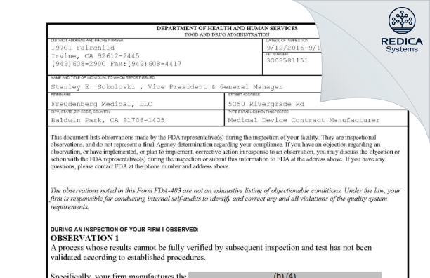 FDA 483 - Freudenberg Medical, LLC [Baldwin Park / United States of America] - Download PDF - Redica Systems