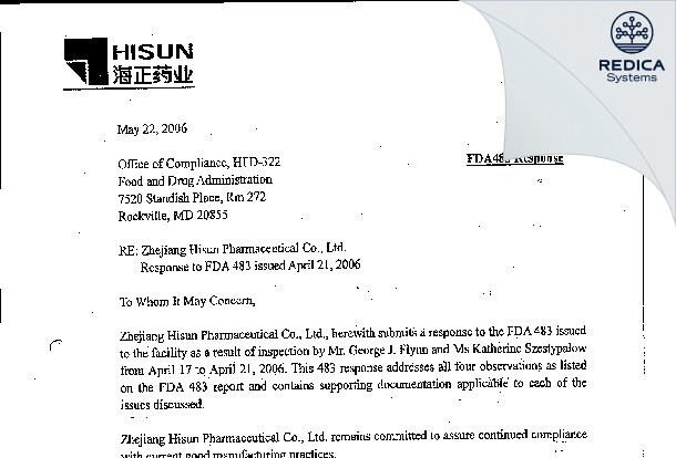 FDA 483 Response - Zhejiang Hisun Pharmaceutical Co., Ltd. [Jiaojiang Shi / China] - Download PDF - Redica Systems