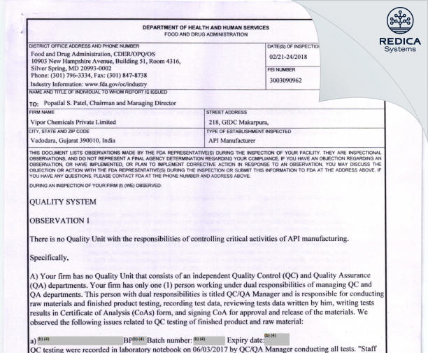FDA 483 - Vipor Chemicals Private Ltd. [Vadodara / India] - Download PDF - Redica Systems