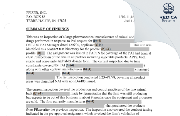 EIR - Pfizer Inc [Terre Haute / United States of America] - Download PDF - Redica Systems