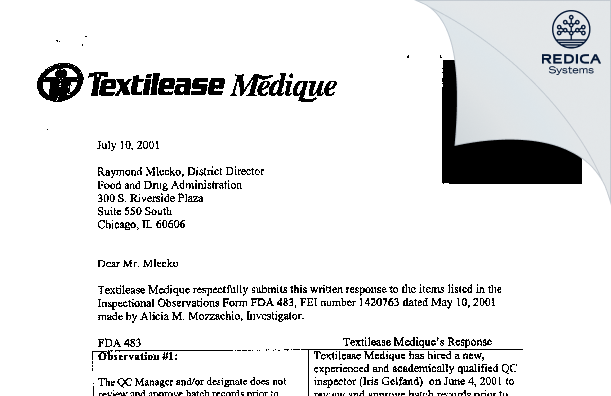 FDA 483 Response - Medique Products [Fort Myers / United States of America] - Download PDF - Redica Systems