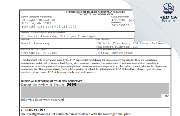 FDA 483 - Murali Ramaswamy [Greensboro / United States of America] - Download PDF - Redica Systems