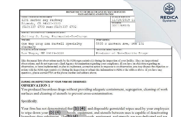FDA 483 - One Way Drug DBA Partell Specialty Pharmacy [Las Vegas / United States of America] - Download PDF - Redica Systems