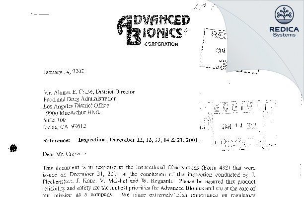 FDA 483 Response - Advanced Bionics, LLC [Valencia / United States of America] - Download PDF - Redica Systems