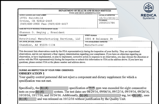 FDA 483 - Nutritional Manufacturing Services, LLC [Chandler / United States of America] - Download PDF - Redica Systems
