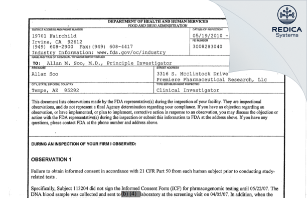 FDA 483 - Allan Soo [Tempe / United States of America] - Download PDF - Redica Systems