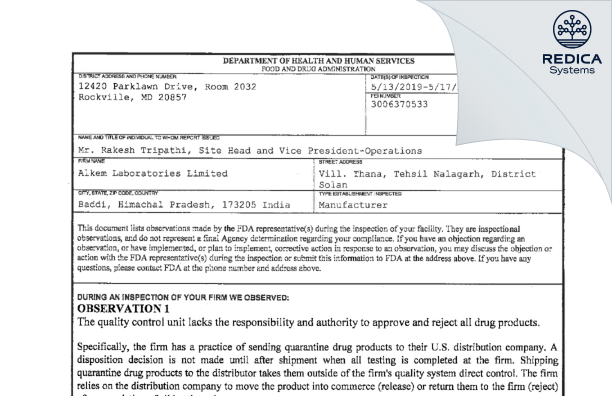 FDA 483 - Alkem Laboratories Limited [India / India] - Download PDF - Redica Systems