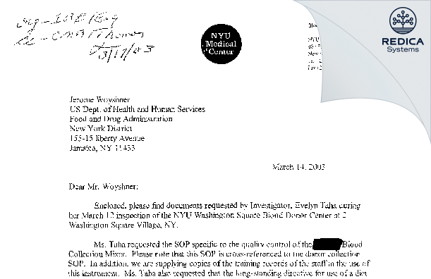 FDA 483 Response - NYU Hospitals Center [New York / United States of America] - Download PDF - Redica Systems