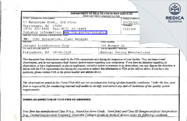 FDA 483 - Integra LifeSciences Corporation [Plainsboro / United States of America] - Download PDF - Redica Systems