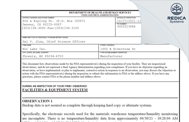FDA 483 - RLC Labs Inc. [Phoenix / United States of America] - Download PDF - Redica Systems
