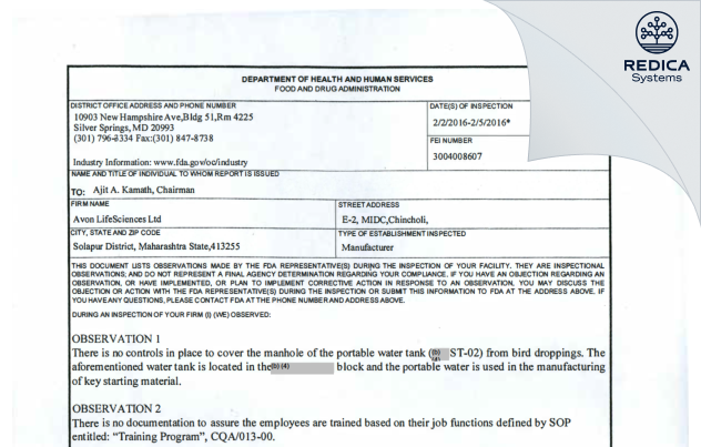 FDA 483 - Avon Organics Ltd. (Bio-Tech Division) [- / India] - Download PDF - Redica Systems
