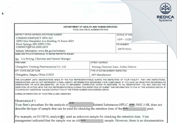 FDA 483 - Changzhou Yinsheng Pharmaceutical Co. Ltd. [China / China] - Download PDF - Redica Systems