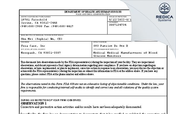 FDA 483 - Fora Care, Inc [Moorpark / United States of America] - Download PDF - Redica Systems