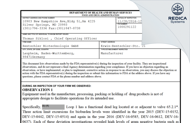 FDA 483 - Rentschler Biopharma SE [Laupheim / Germany] - Download PDF - Redica Systems