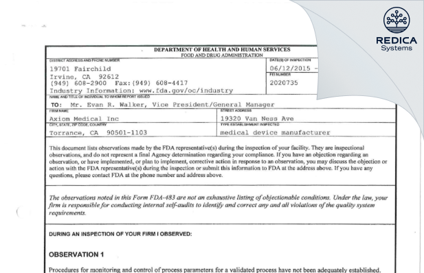 FDA 483 - Axiom Medical Inc [Torrance / United States of America] - Download PDF - Redica Systems