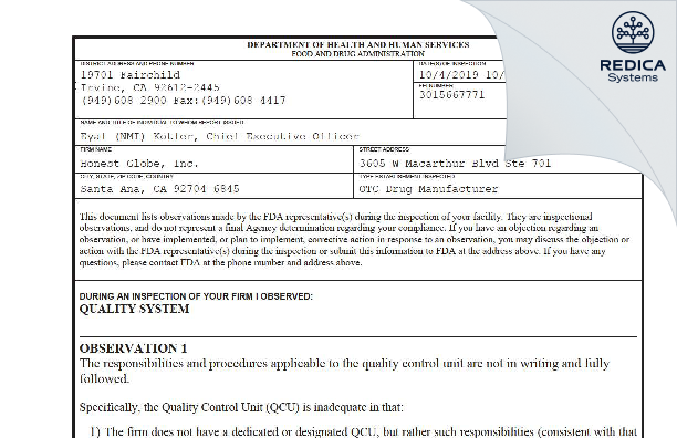 FDA 483 - Honest Globe, Inc. [Santa Ana / United States of America] - Download PDF - Redica Systems