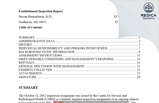 EIR - Stevan Himmelstein, MD [Germantown / United States of America] - Download PDF - Redica Systems