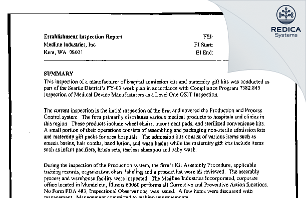 EIR - Medline Industries Inc [Lacey / United States of America] - Download PDF - Redica Systems