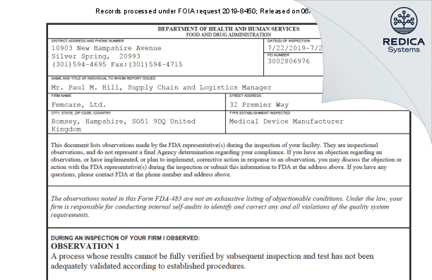 FDA 483 - Femcare, Ltd. [Romsey / United Kingdom of Great Britain and Northern Ireland] - Download PDF - Redica Systems