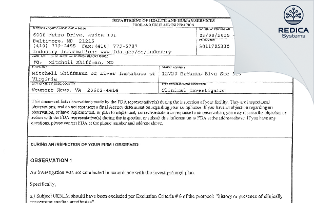 FDA 483 - Mitchell Shiffman M.D. [Newport News / United States of America] - Download PDF - Redica Systems