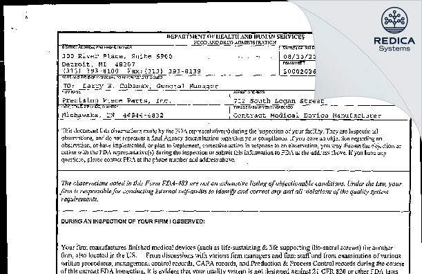 FDA 483 - Precision Piece Parts, Inc. [Mishawaka / United States of America] - Download PDF - Redica Systems