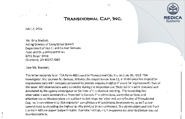 FDA 483 Response - Transdermal Cap Inc. [Gates Mills / United States of America] - Download PDF - Redica Systems