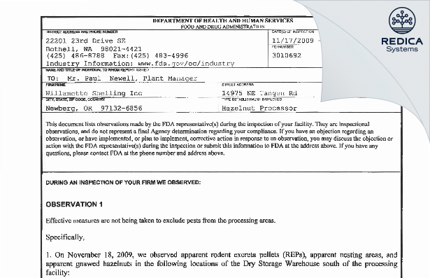 FDA 483 - Willamette Shelling Inc [Newberg / United States of America] - Download PDF - Redica Systems