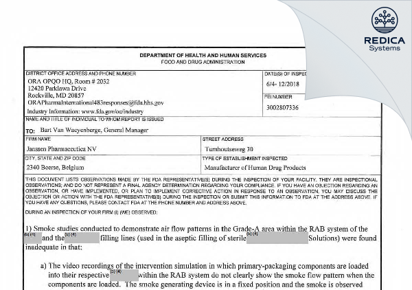 FDA 483 - Janssen Pharmaceutica NV [Beerse / Belgium] - Download PDF - Redica Systems