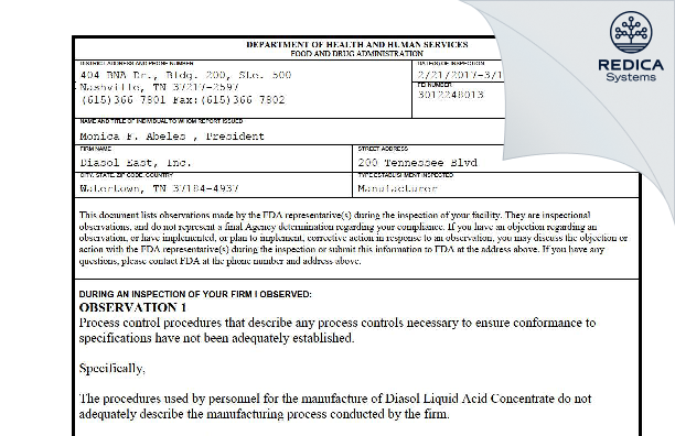 FDA 483 - Diasol East, Inc. [Watertown / United States of America] - Download PDF - Redica Systems