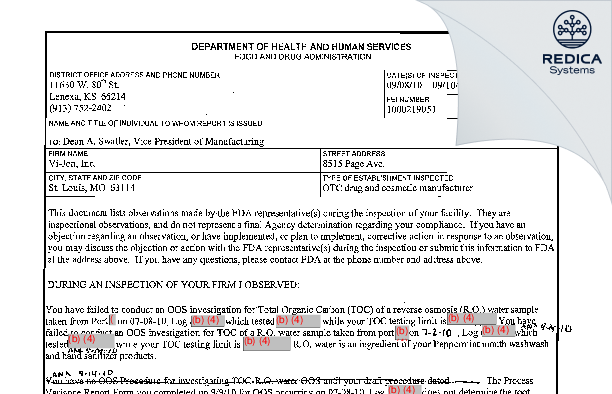 FDA 483 - Vi-Jon, LLC [St. Louis / United States of America] - Download PDF - Redica Systems