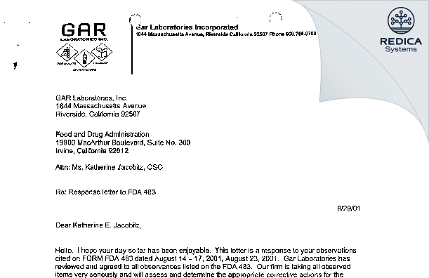 FDA 483 Response - GAR Laboratories Inc. [California / United States of America] - Download PDF - Redica Systems
