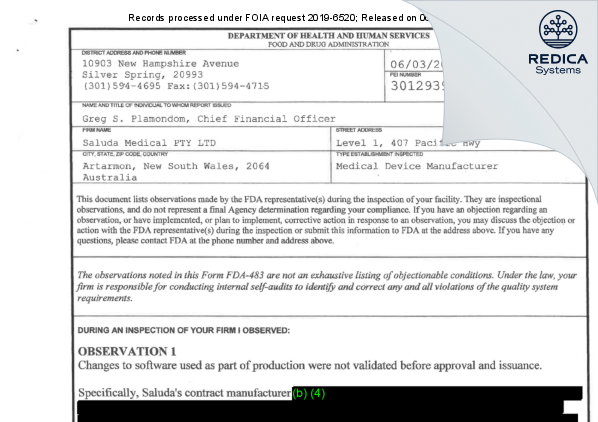 FDA 483 - Saluda Medical Pty Ltd [Artarmon / Australia] - Download PDF - Redica Systems