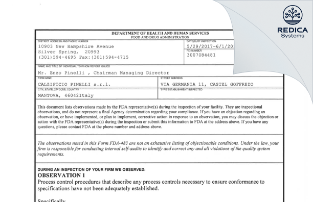 FDA 483 - CALZIFICIO PINELLI s.r.l. [Castel Goffredo / Italy] - Download PDF - Redica Systems