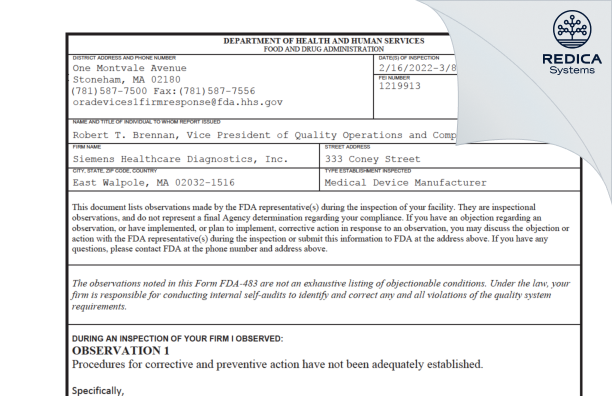 FDA 483 - Siemens Healthcare Diagnostics, Inc. [East Walpole / United States of America] - Download PDF - Redica Systems