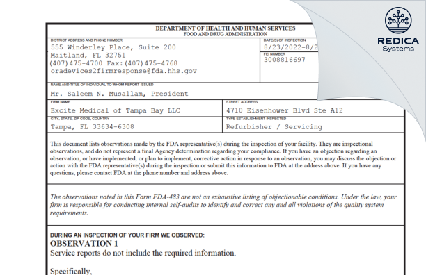 FDA 483 - Excite Medical of Tampa Bay LLC [Tampa / United States of America] - Download PDF - Redica Systems