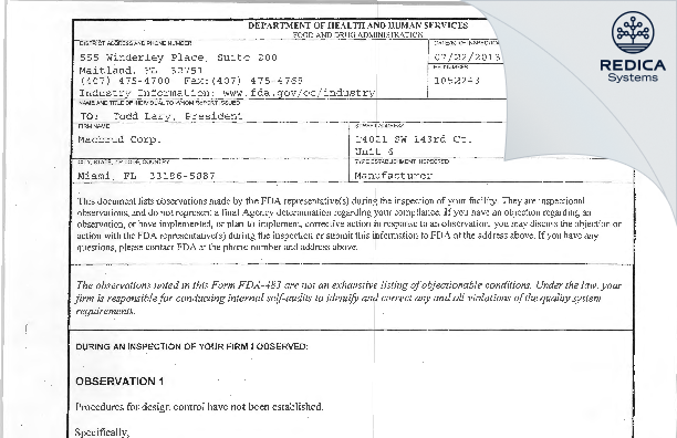 FDA 483 - Macbrud Corporation [Miami / United States of America] - Download PDF - Redica Systems