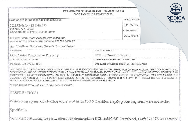 FDA 483 - Portland Compounding Pharmacy LLC [Portland / United States of America] - Download PDF - Redica Systems