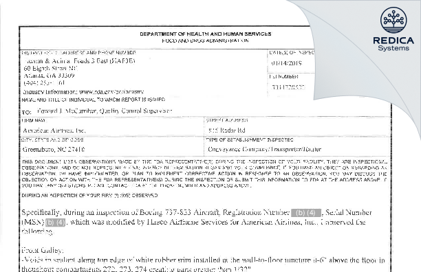 FDA 483 - American Airlines [Greensboro / United States of America] - Download PDF - Redica Systems