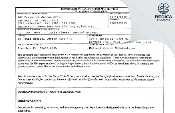 FDA 483 - Abbott Medical [Arecibo / United States of America] - Download PDF - Redica Systems