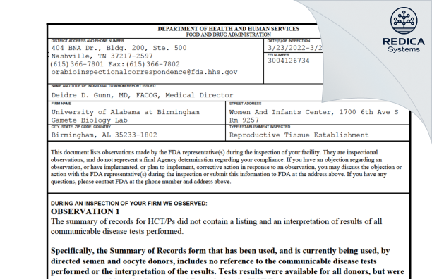 FDA 483 - University of Alabama at Birmingham Gamete Biology Lab [Birmingham / United States of America] - Download PDF - Redica Systems