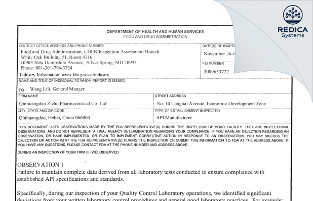 FDA 483 - Qinhuangdao Zizhu Pharmaceutical Co., Ltd. [China / China] - Download PDF - Redica Systems