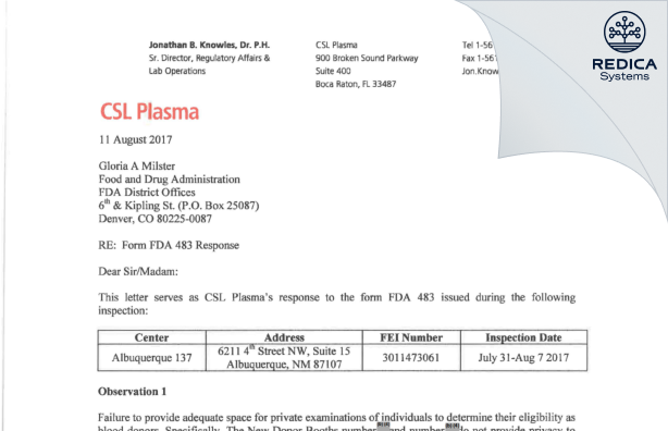 FDA 483 Response - CSL Plasma Inc. [Albuquerque / United States of America] - Download PDF - Redica Systems
